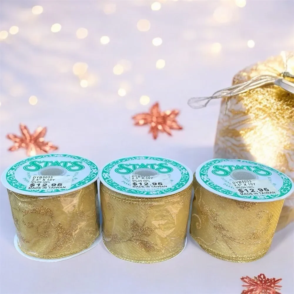 New Stats Gold Floral Wire Ribbon Three (3) Rolls Holidays Xmas Decor 2.5